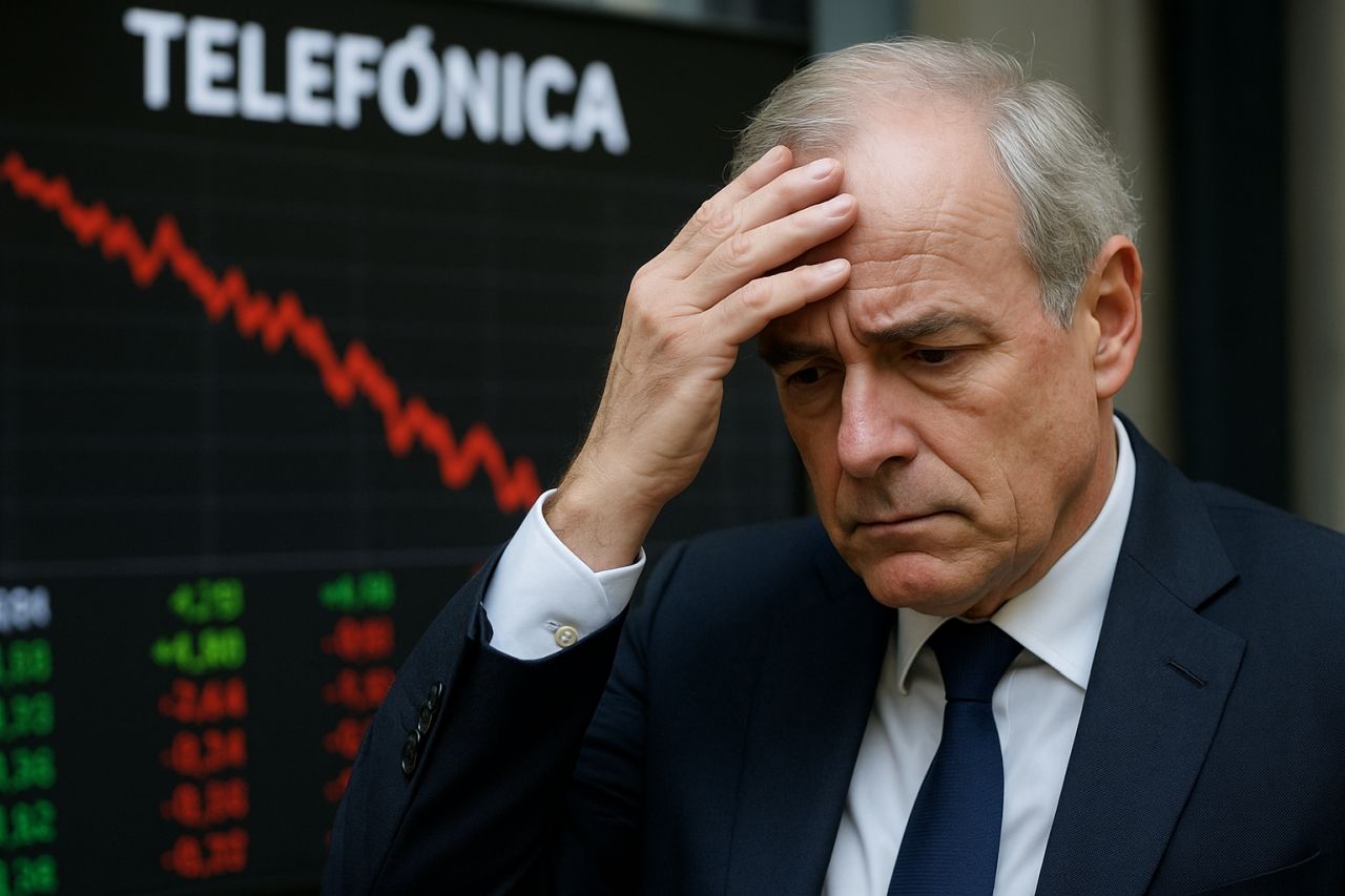 Primo piano di un uomo di mezza età con giacca e cravatta e la mano sulla fronte. Sullo sfondo un grafico finanziario con la scritta Telefònica
