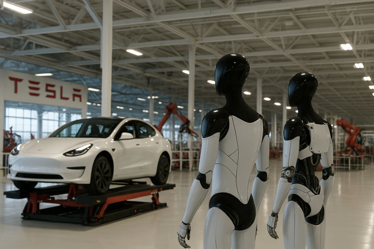 Un'auto Tesla e dei robot all'interno di un impianto di produzione