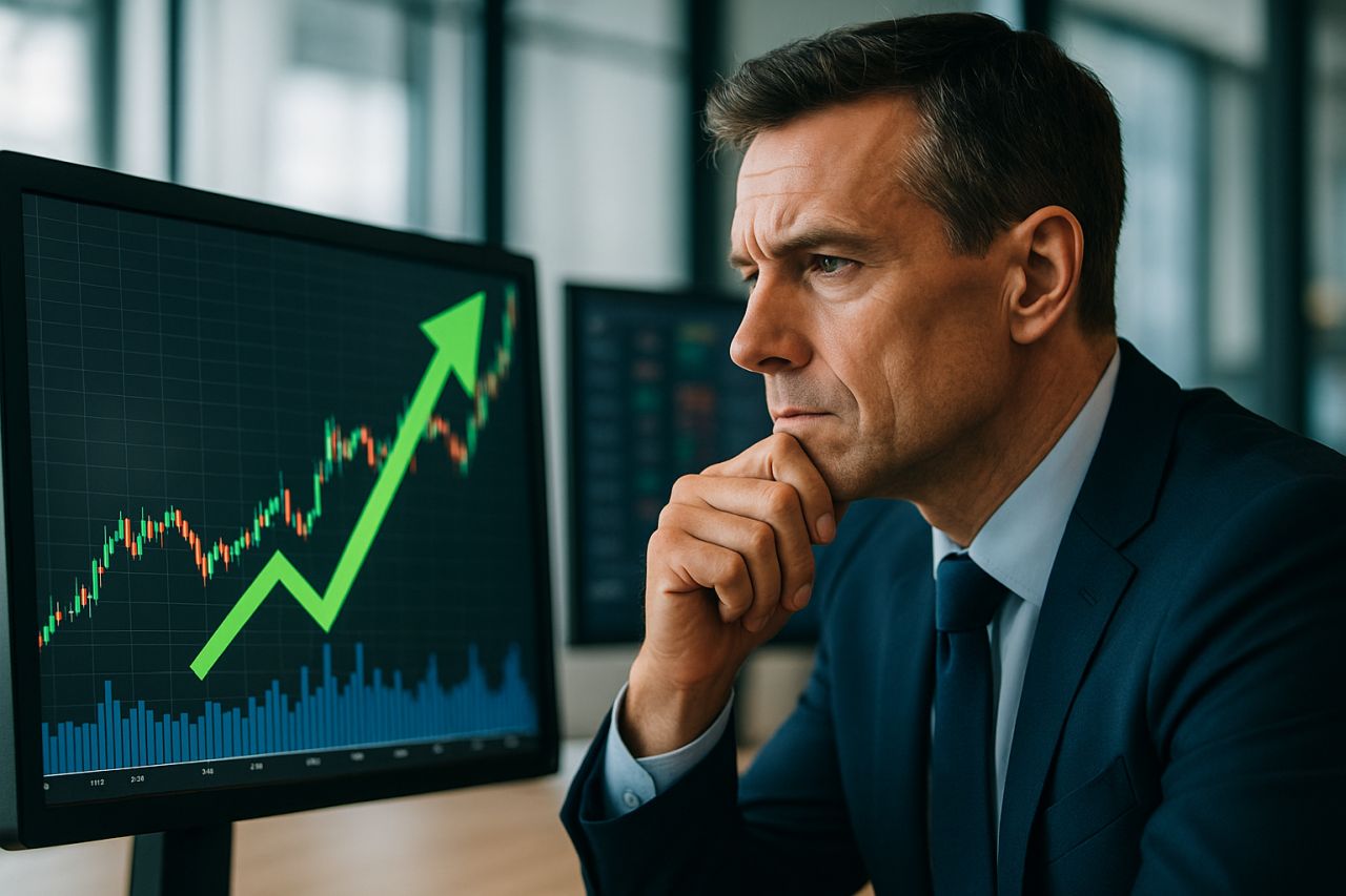 Un uomo in giacca e cravatta che osserva dei grafici finanziari su uno schermo