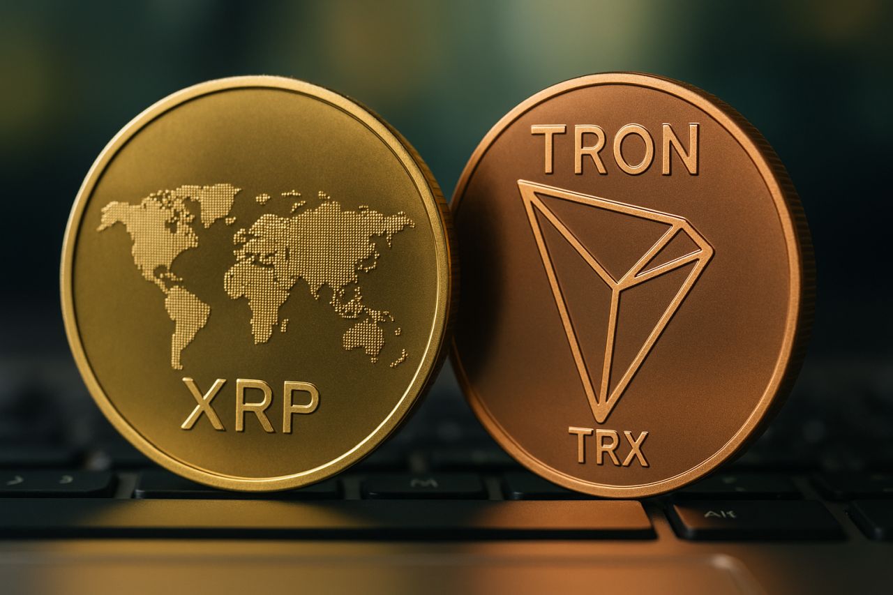 Una moneta con la scritta XRP e una con la scritta Tron TRX
