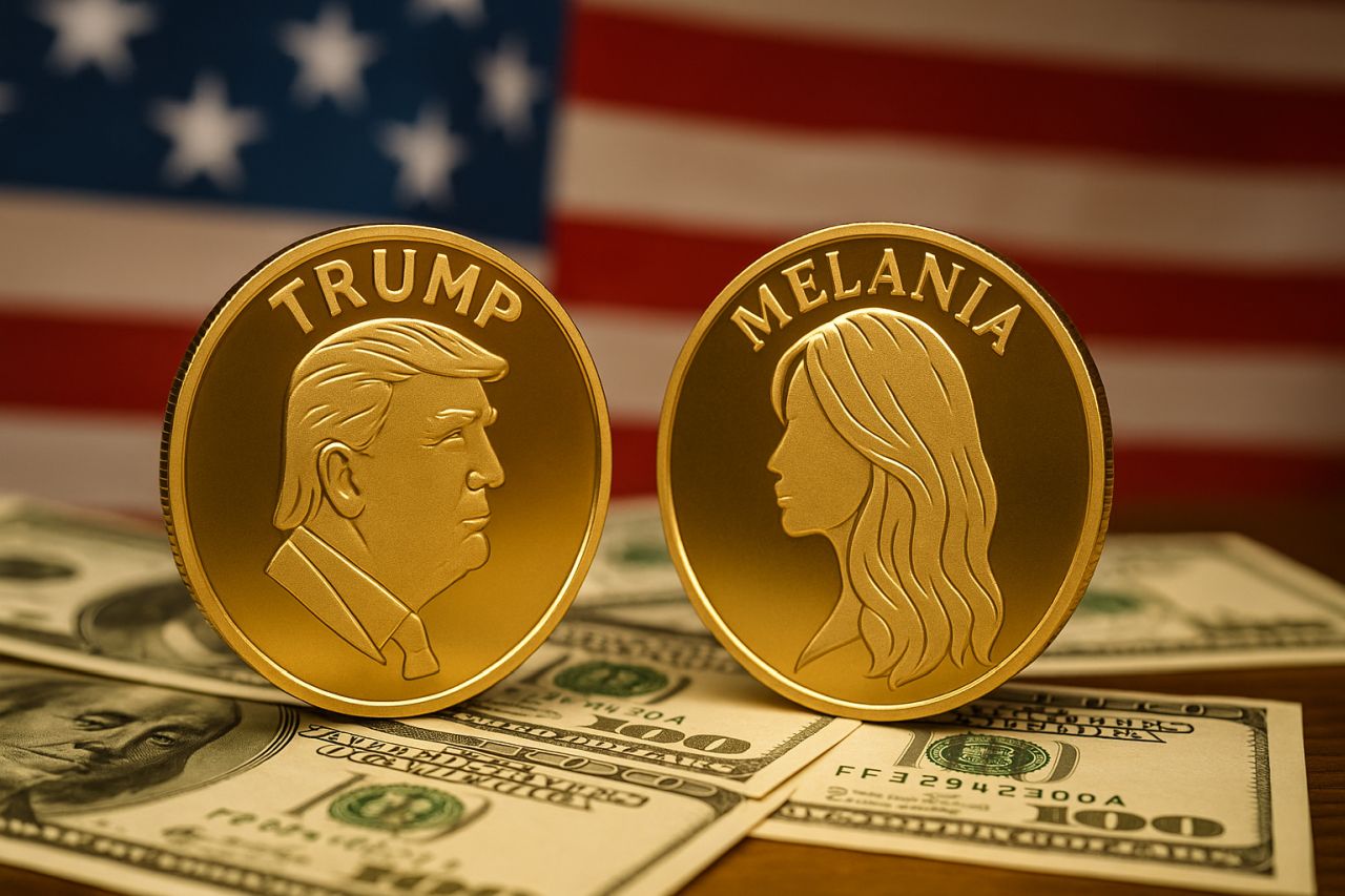 Una moneta con l'immagine stilizzata di Trump e una con quella di Melania, con dei dollari sotto di esse