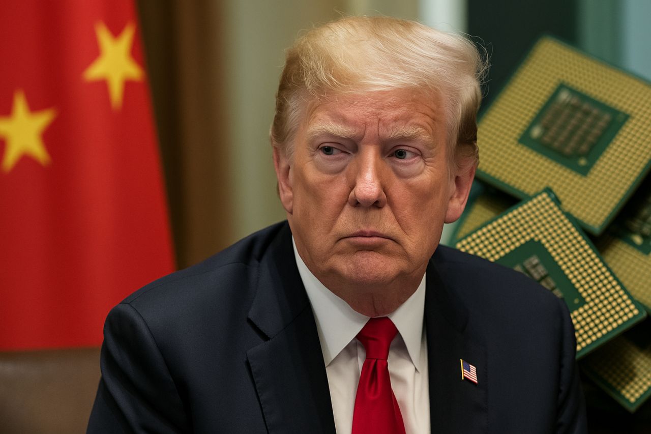 Primo piano di Donald Trump con la bandiera della Cina alle sue spalle