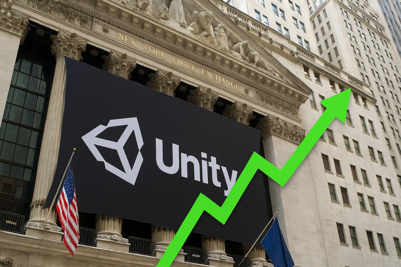 Un edificio storico con uno striscione davanti con la scritta e il logoUnity. In sovrimpressione una freccia verde verso l'alto