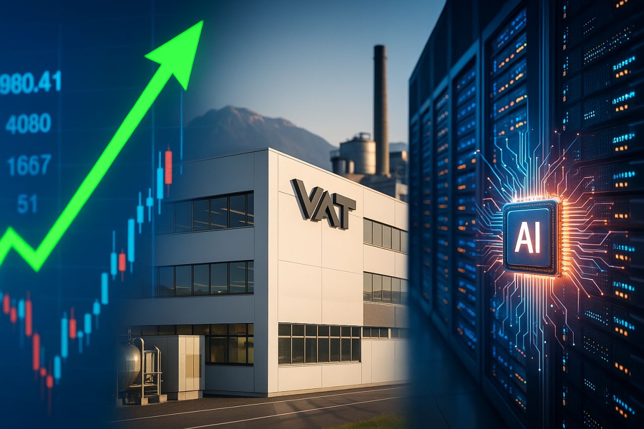 Sulla sinistra la scritta AI in mezzo a dei circuiti luminosi. Sulla destra una freccia verso l'alto con un grafico a candele dietro. In fondo, al centro, un palazzo con la scritta VAT
