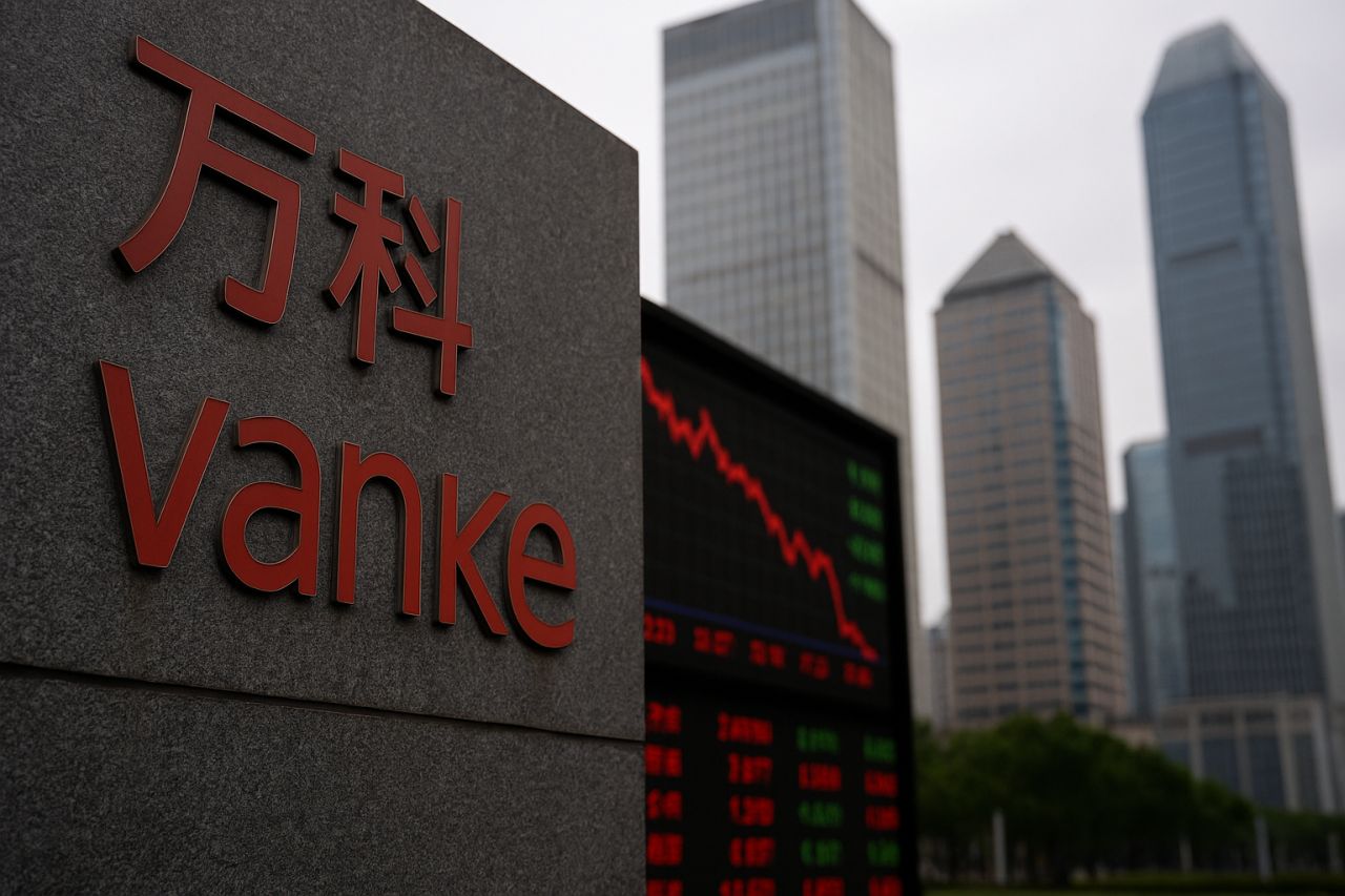 La scritta Vanke in primo piano e i grattacieli di una metropoli sullo sfondo