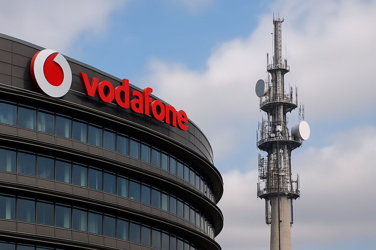 Un palazzo con l'insegna Vodafone in cima