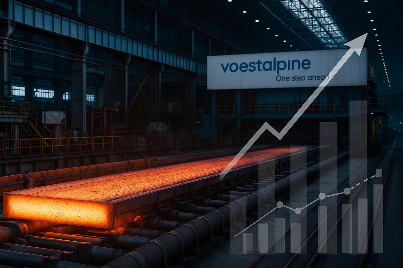 Una lastra di ferro incandescente in un impianto industriale. In sovrimpressione una freccetta verso l'alto e la scritta Voestalpine sullo sfondo