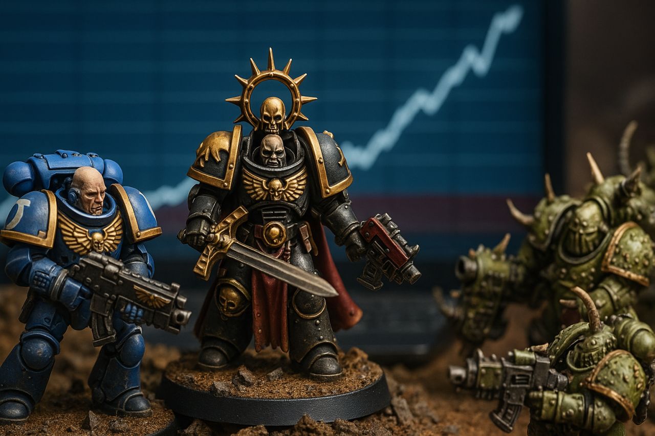 Alcune miniature di Warhammer con uno schermo che mostra un grafico sullo sfondo