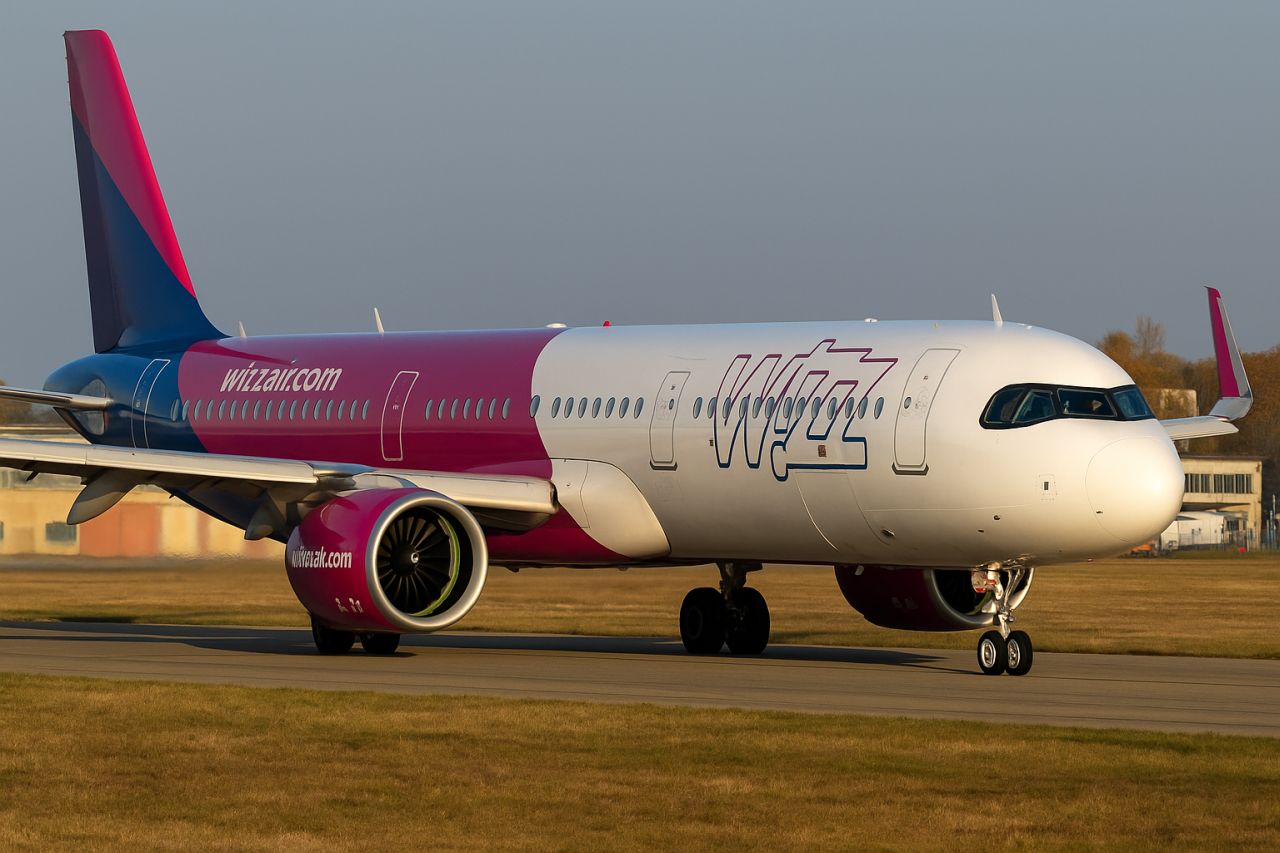 un aereo di linea Wizzair su pista di atterraggio