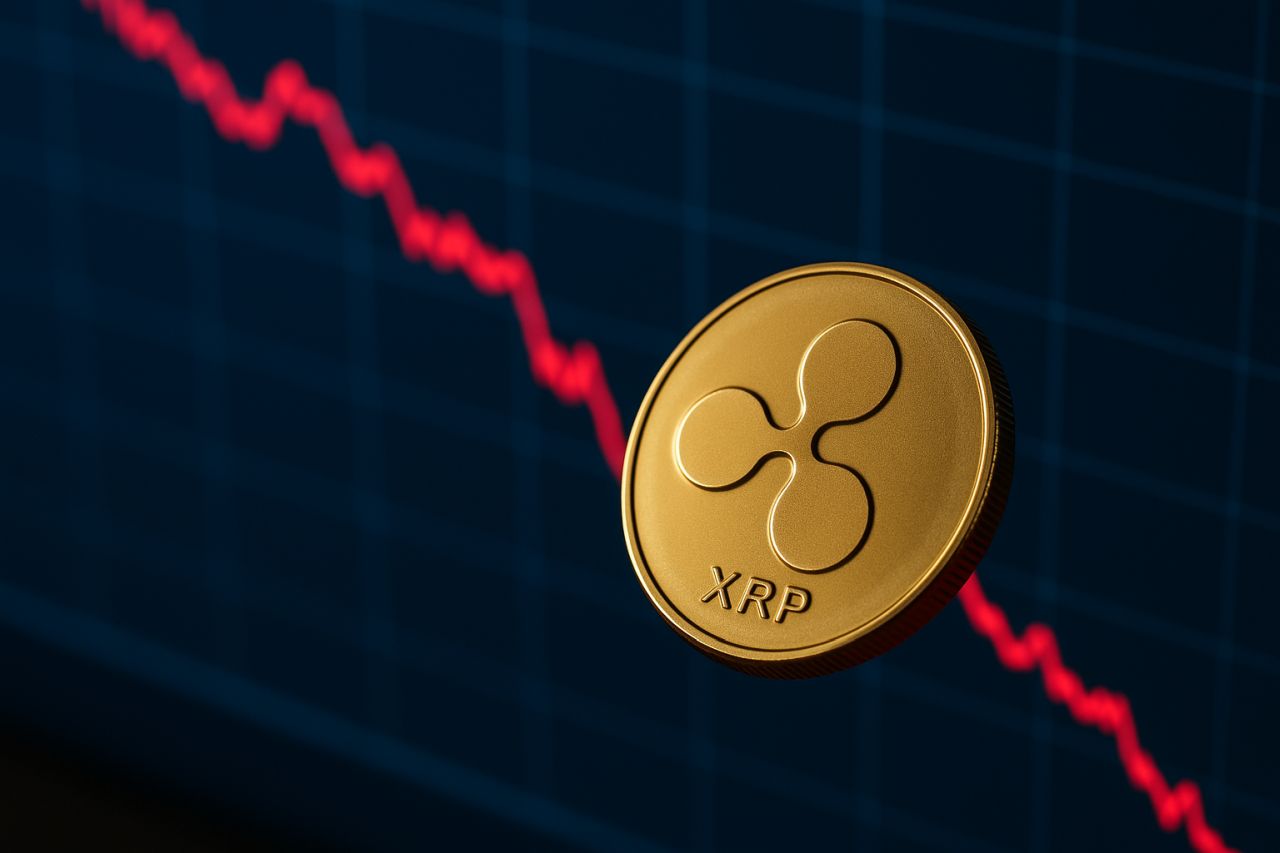 Una moneta di XRP con un grafico in discesa sullo sfondo