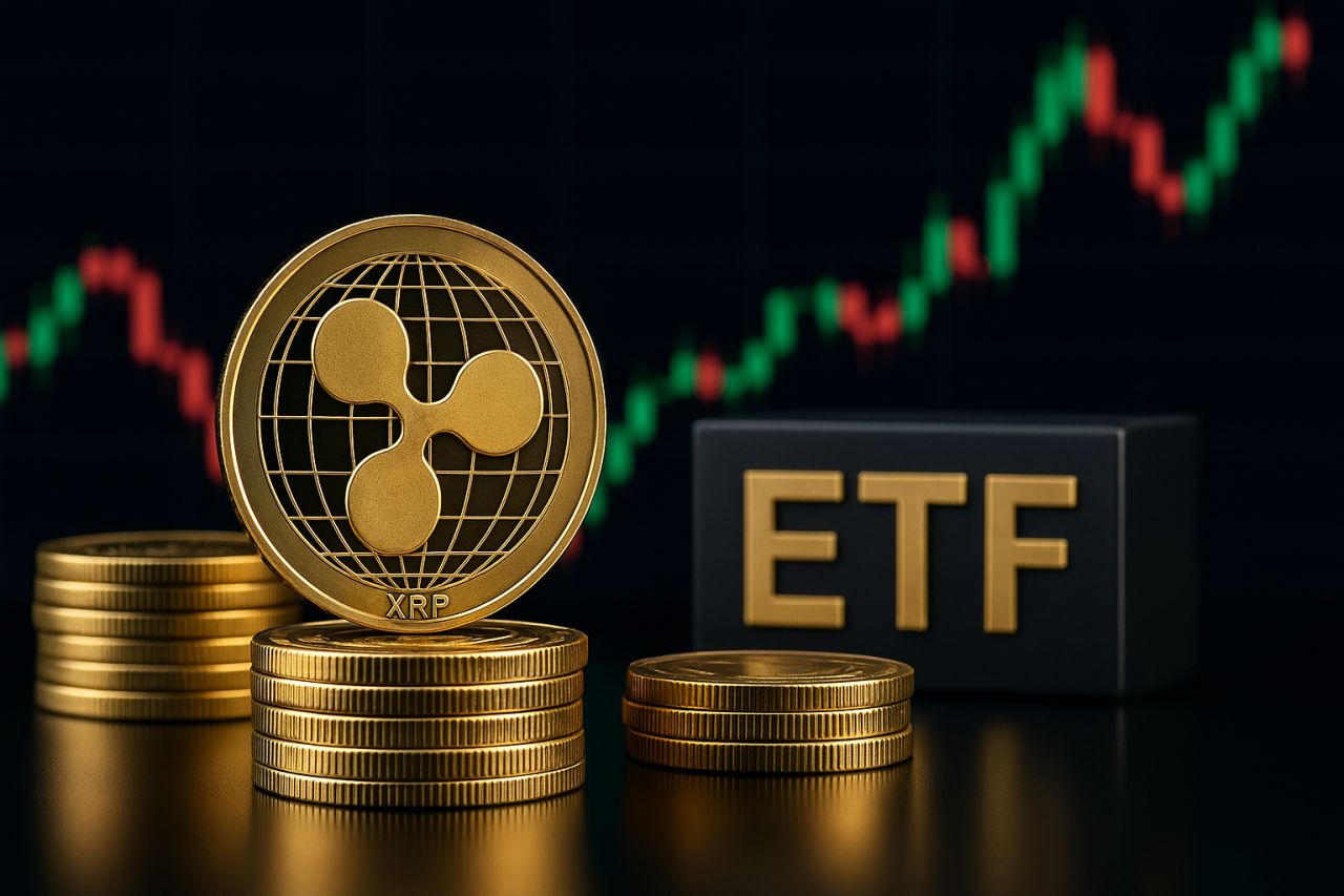 Alcune monete impilate in diverse pile con una poggiata di taglio con il simbolo di XRP. Accando ad esse la scritta ETF. Sullo sfondo un grafico a candele