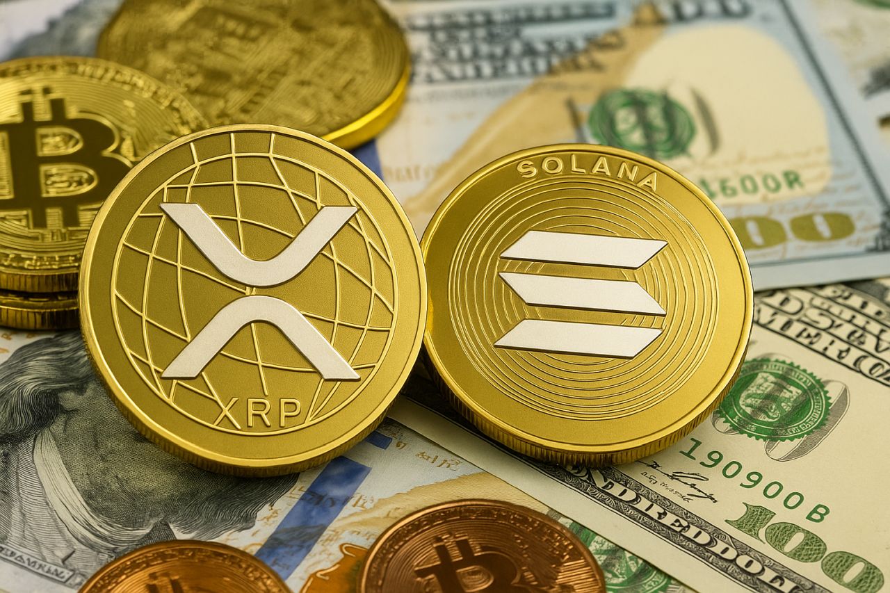 Una moneta di XRP accanto a una moneta di SOL, con delle banconote in dollari sotto di esse