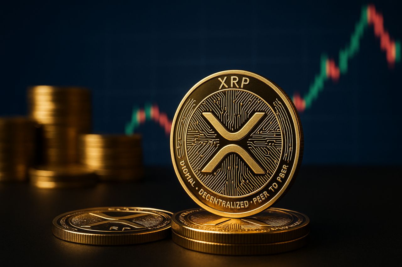Una moneta di XRP con un grafico a candele sullo sfondo