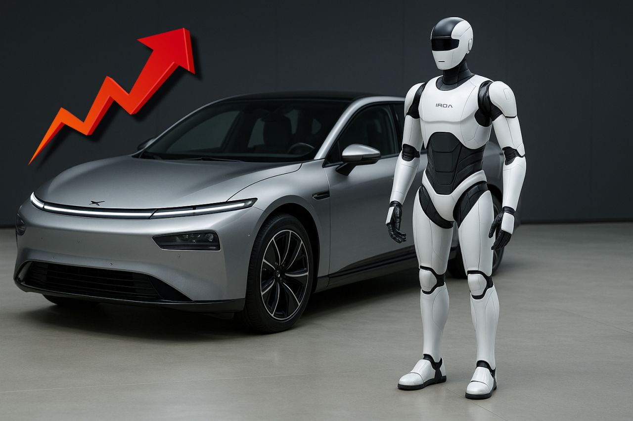 Un robot umanoide accanto ad una automobile Xpeng. In sovrimpressione una freccia rossa verso l'alto