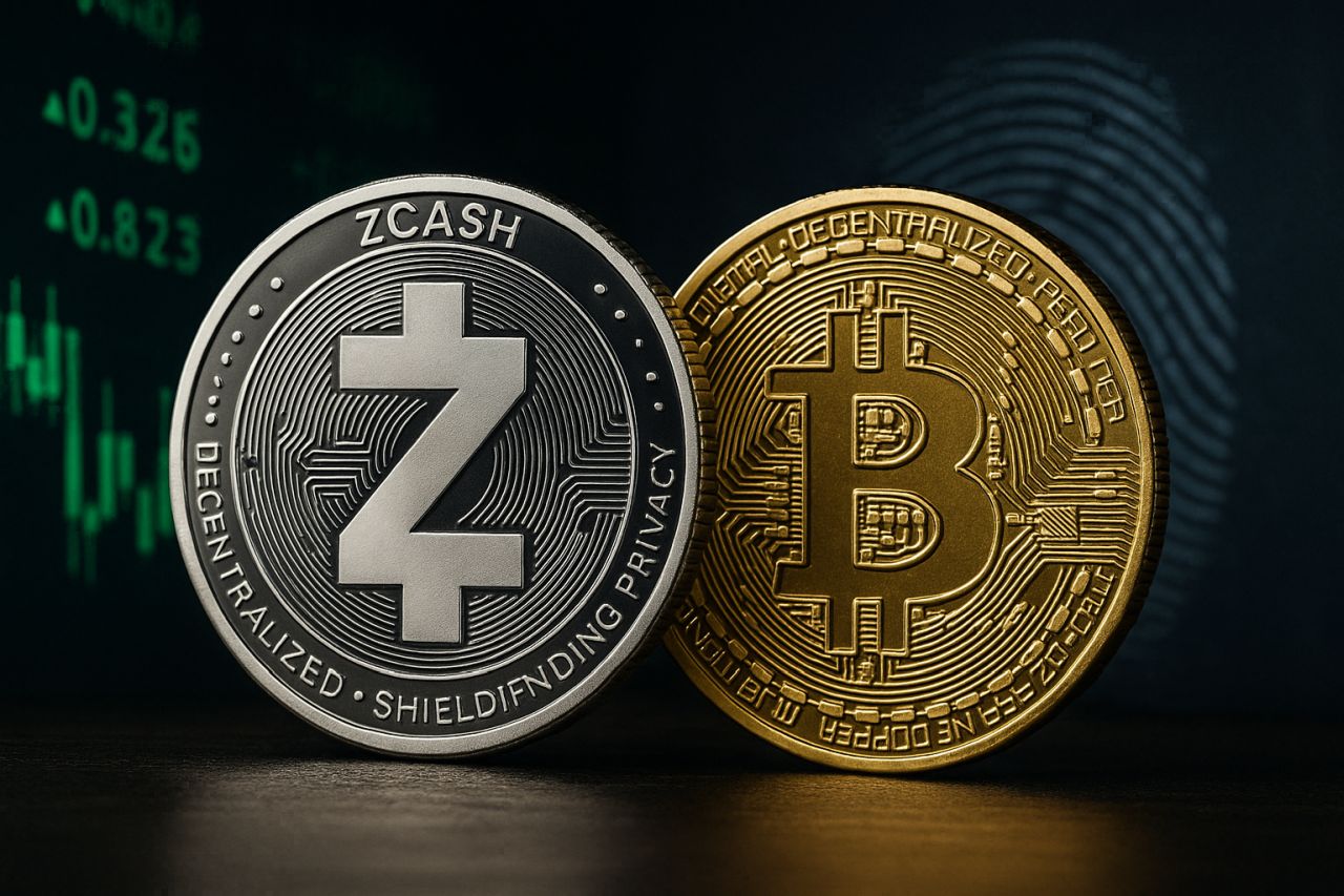 Una moneta di Zcash accanto a una di Bitcoin