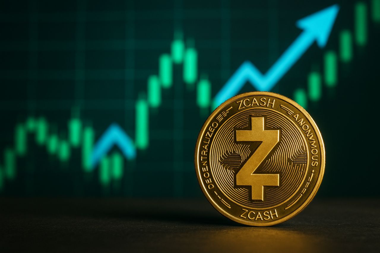 Una moneta di Zcash con un grafico a candele in crescita sullo sfondo