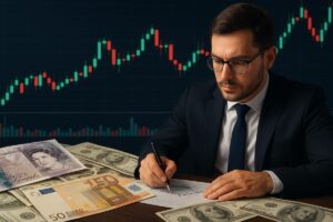 trader che analizza e sul tavolo banconote sterlina, euro e dollaro