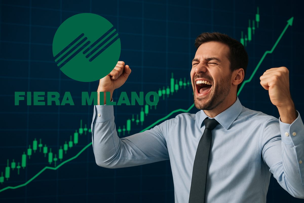 logo di Fiera Milano e trader esulta