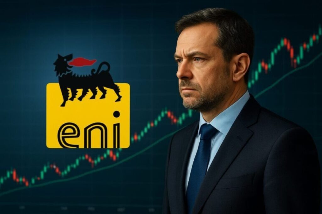trader che pensa e logo Eni