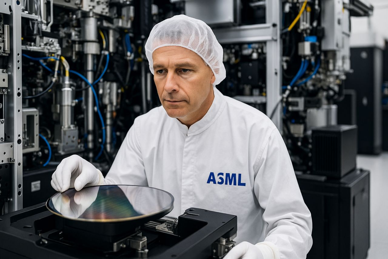 Un tecnico di laboratorio con un camice bianco con la scritta ASML