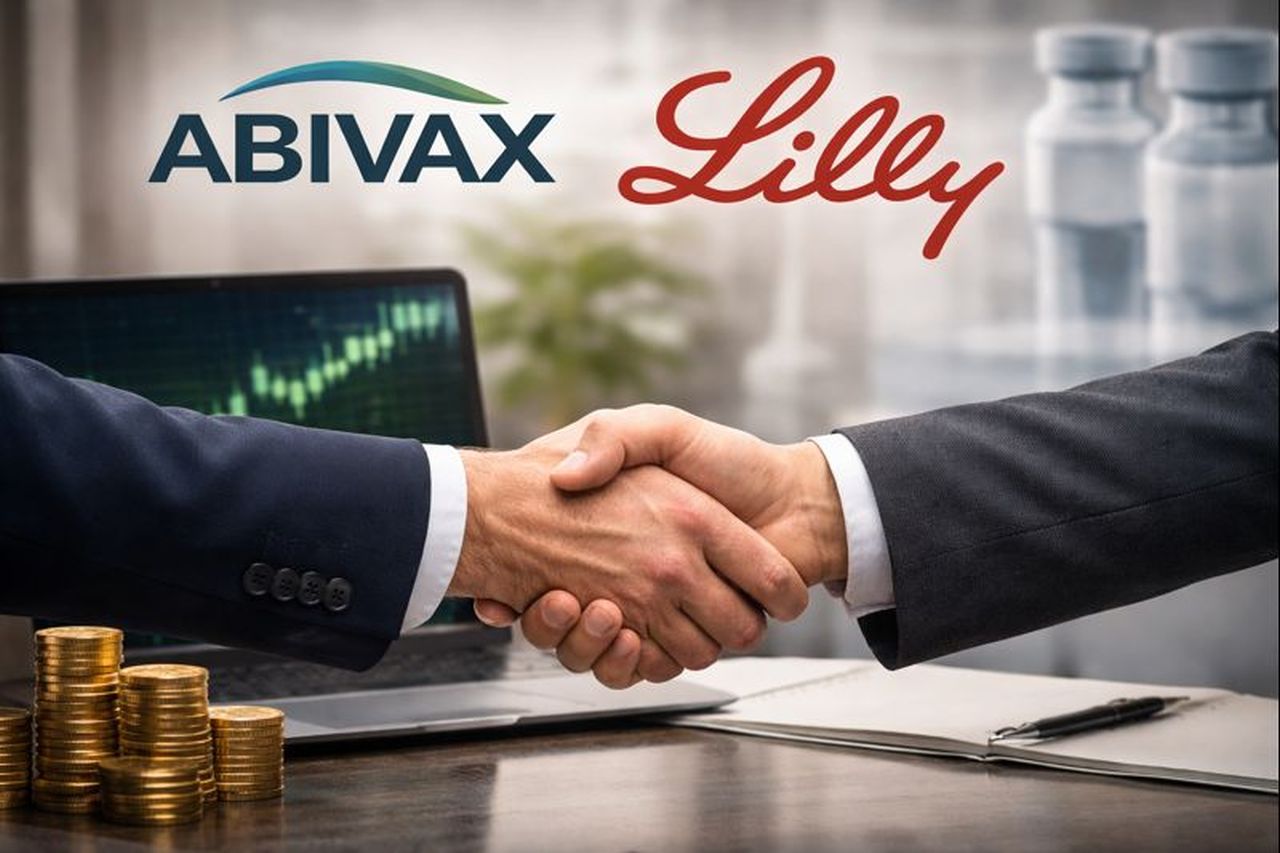Due mani che si stringono davanti a uno schermo con un grafico finanziario. In alto, in sovrimpressione, i loghi di Abivax e Lilly