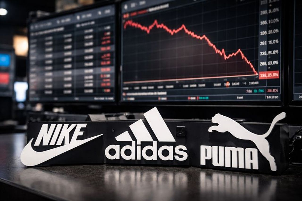 I loghi di Nike, adidas e Puma con dei grafici finanziari sullo sfondo