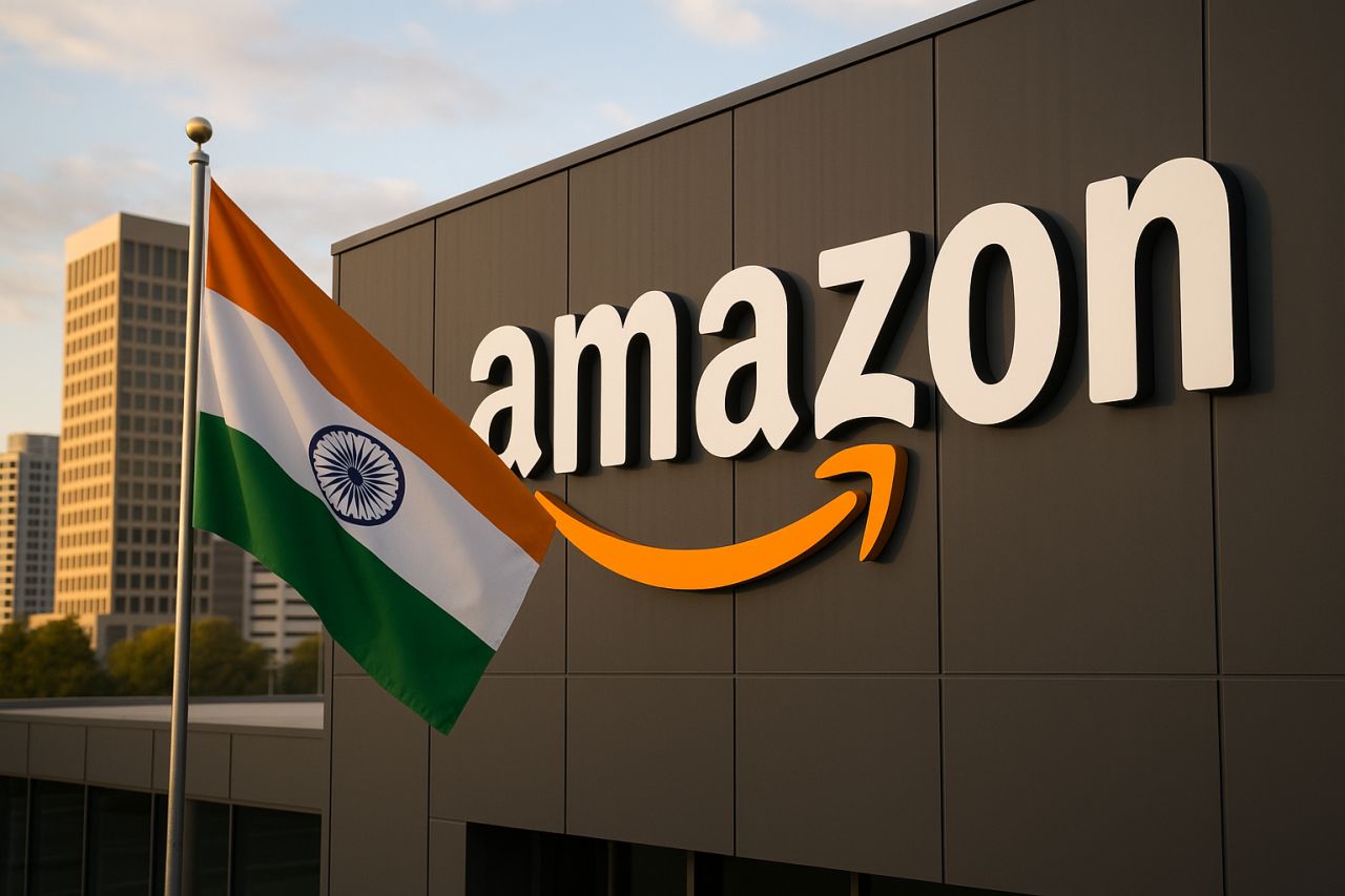 La scritta amazon sulla parete di un magazzino e la bandiera dell'India davanti