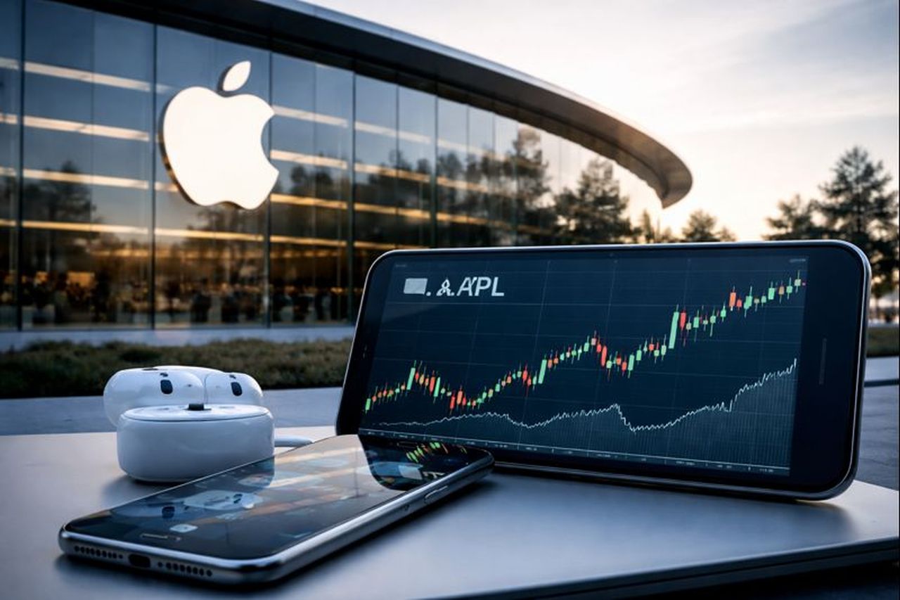 Logo Apple sulla vetrata di un edificio. In primo piano un dispositivo mobile con dei grafici finanziari sullo schermo