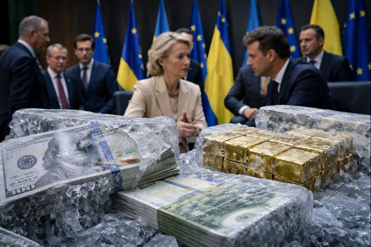 Banconote e lingotti d'oro coperti di ghiaccio. Sullo sfondo alcuni esponenti politici europei