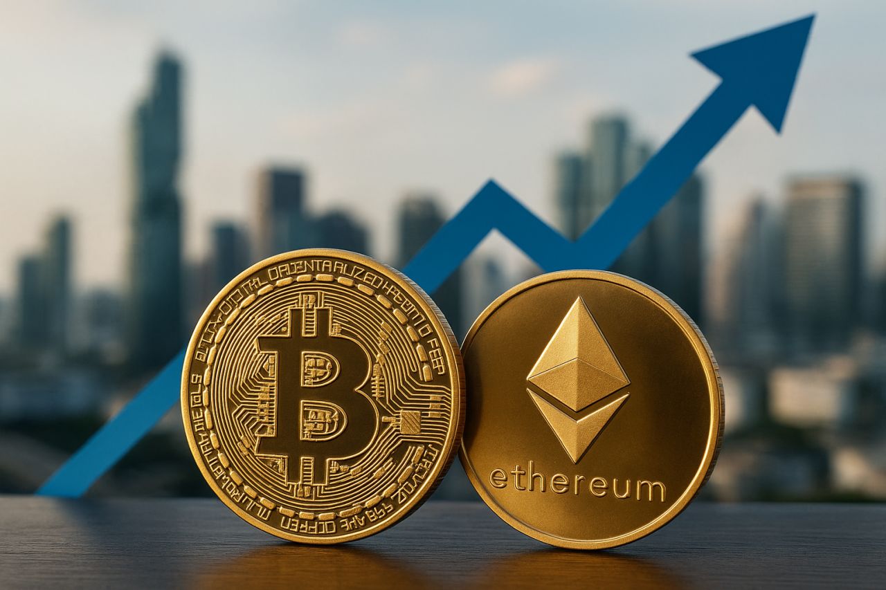 Una moneta di Bitcoin insieme a una moneta di Ethereum in primo piano. Sullo sfondo una metropoli e una freccia verso l'alto