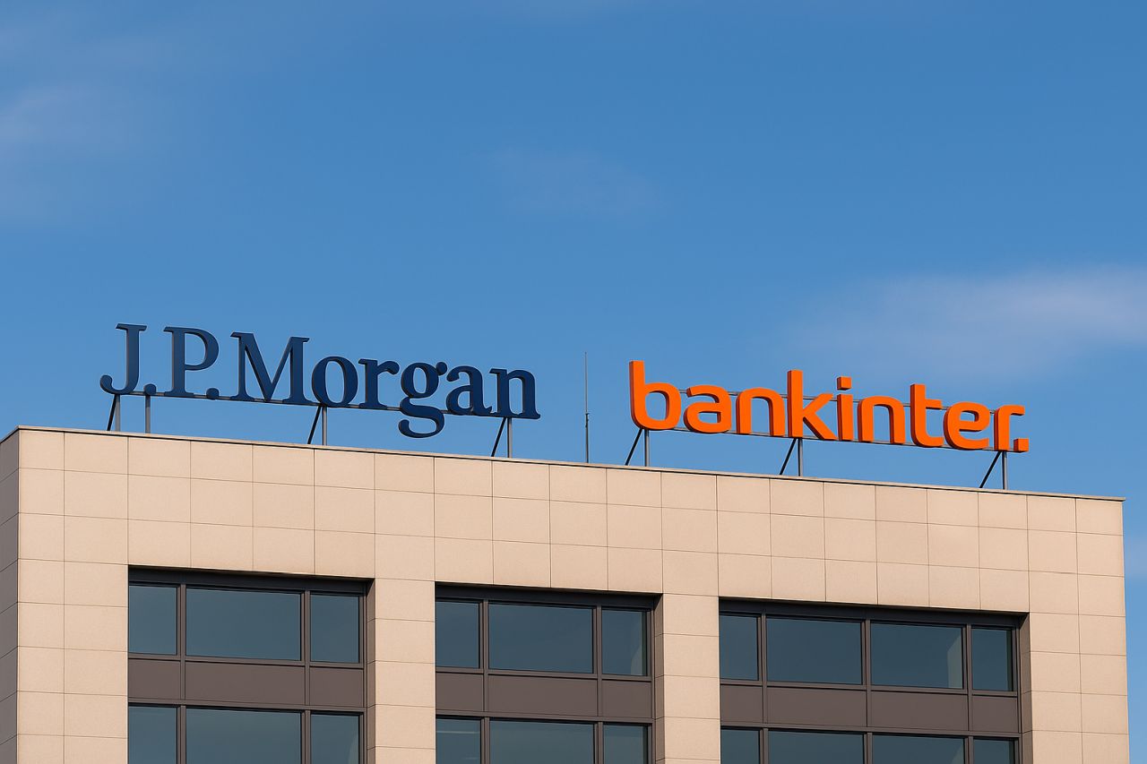 Il tetto di un edificio con la scritta JP Morgan e la scritta Bankinter