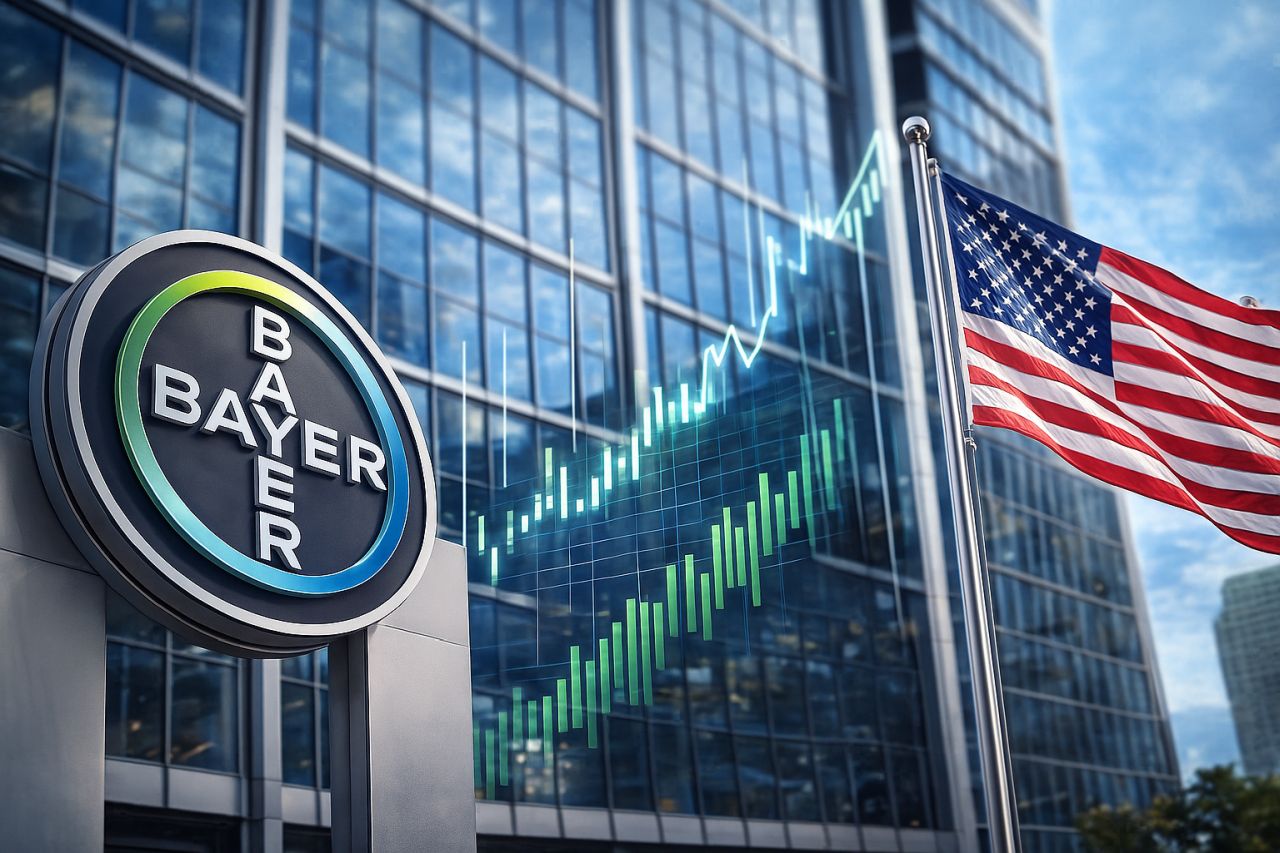 Il logo Bayer davanti a un grattacielo. In primo piano la bandiera degli Stati Uniti, e in trasparenza dei grafici finanziari