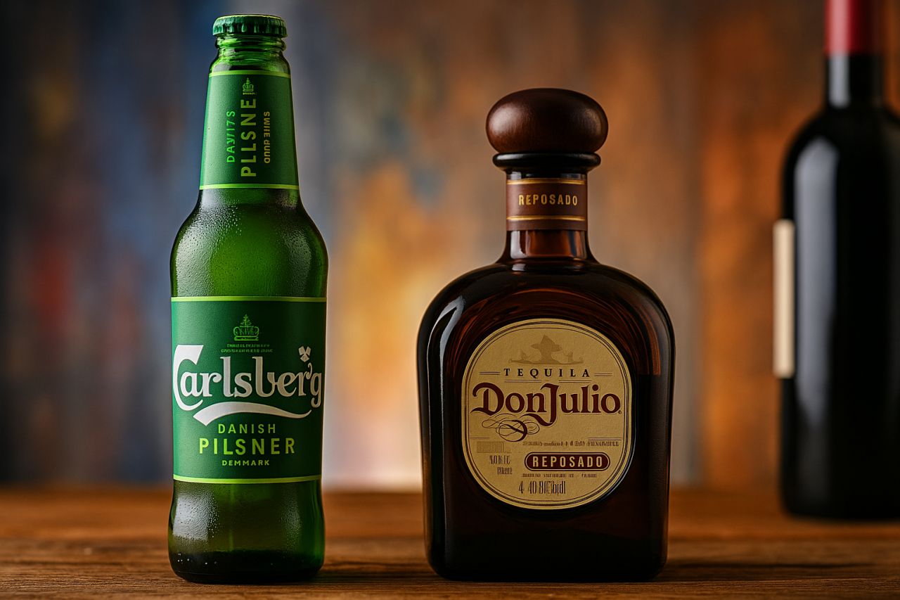 Una bottiglia di birra accanto a una bottiglia di whiskey