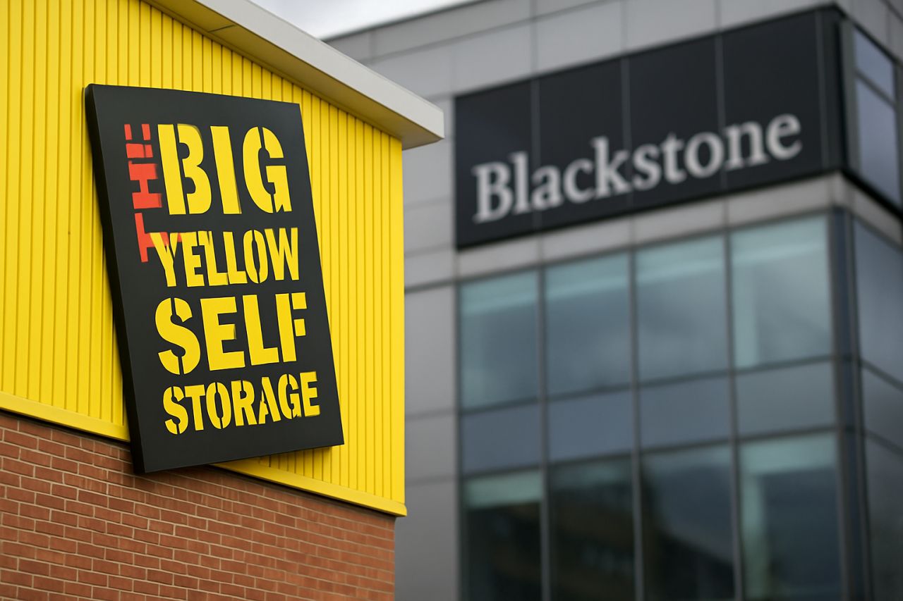 La scritta e il logo Big Yellow sull'angolo di una parete. La scritta BlackStone su un edificio sullo sfondo