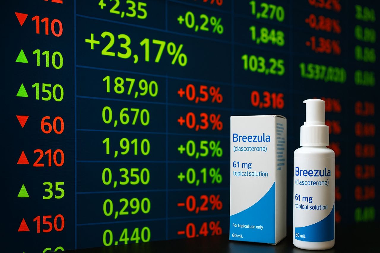 Un tabellone con l'andamento dei titoli e un farmaco in primo piano