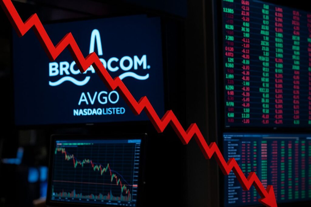 Un grafico finanziario in discesa. La scritta e il logo Broadcom