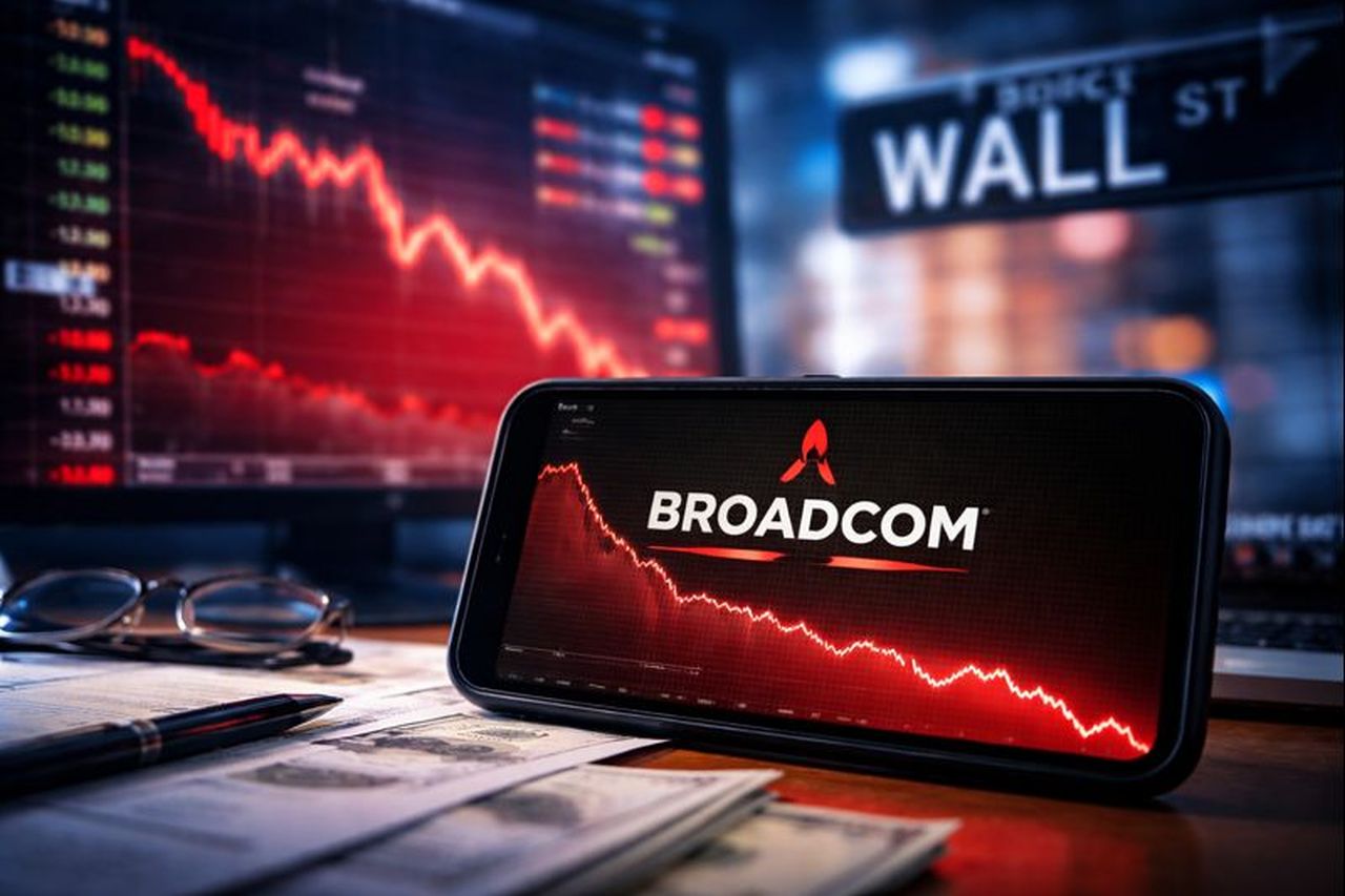 La scritta Broadcom e alcuni grafici finanziari sullo schermo di un dispositivo mobile e su uno schermo sullo sfondo