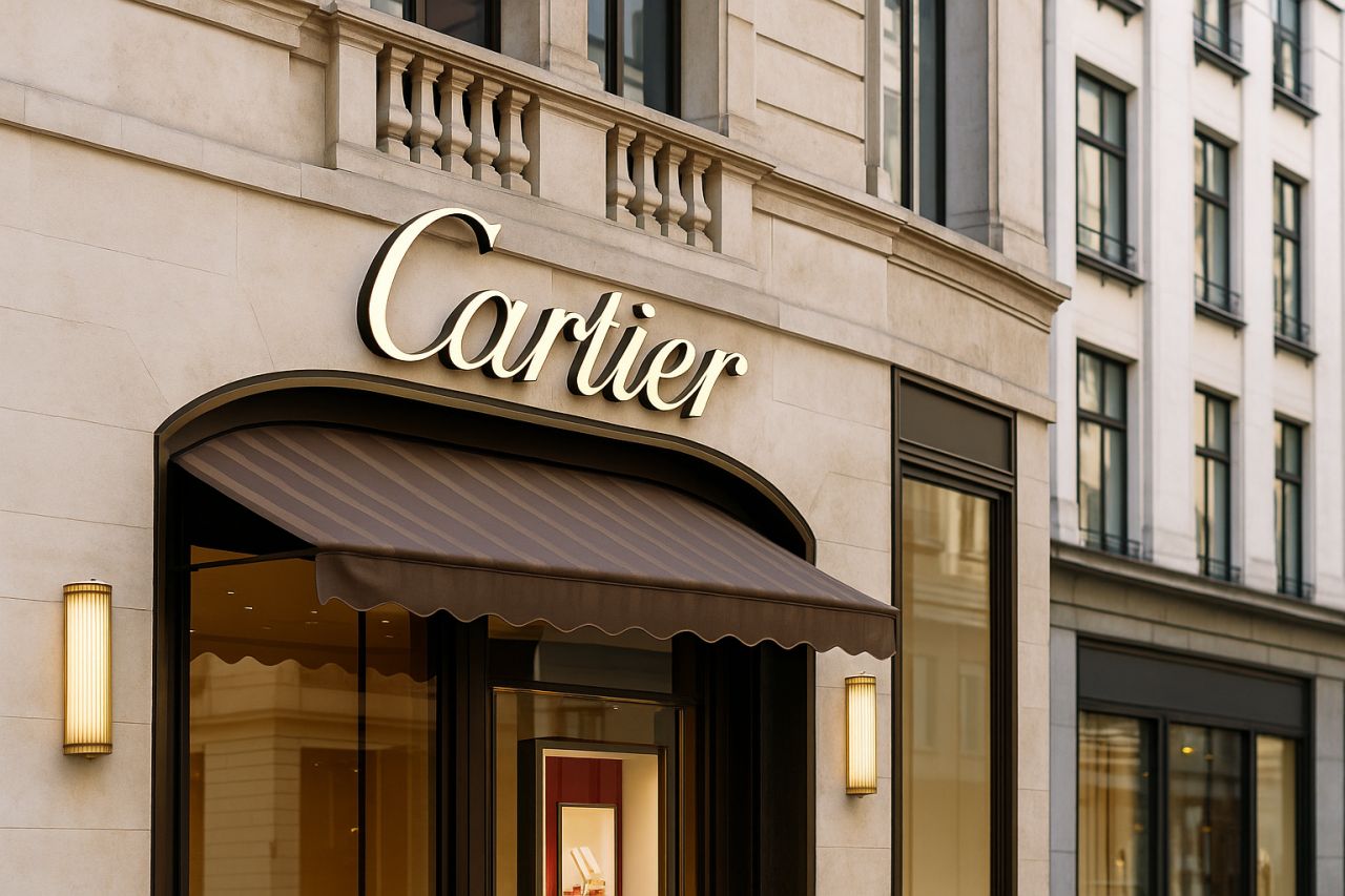 UN edificio con la scritta Cartier sull'entrata di un punto vendita articoli del lusso