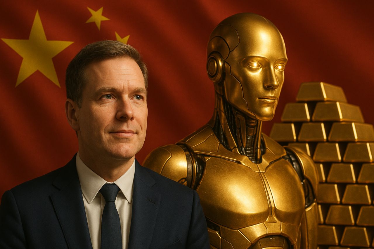 Un robot e dei lingotti d'oro, accanto a un uomo, in primo piano. Sullo sfondo la bandiera della Cina