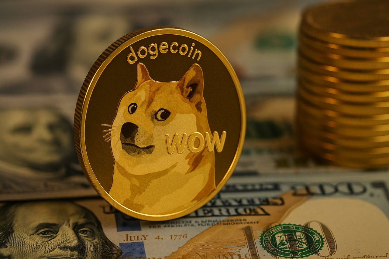 Una moneta di Dogecoin poggiata su alcune banconote in dollari