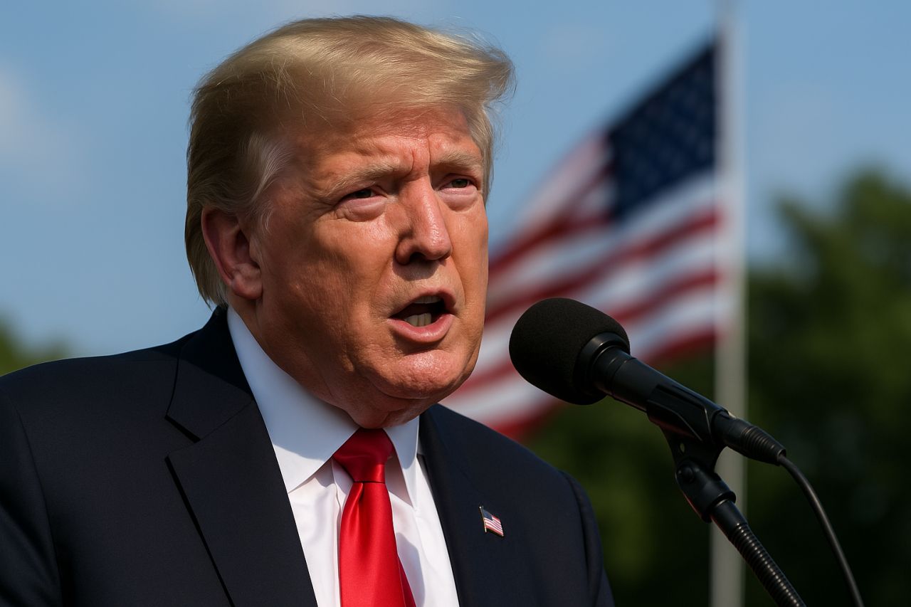 Primo piano di Donald Trumo con la bandiera degli Stati Uniti sullo sfondo