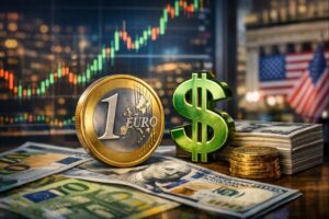 Una moneta da 1 euro accanto al simbolo del dollaro. Sullo sfondo dei grafici finanziari e delle banconote su un piano