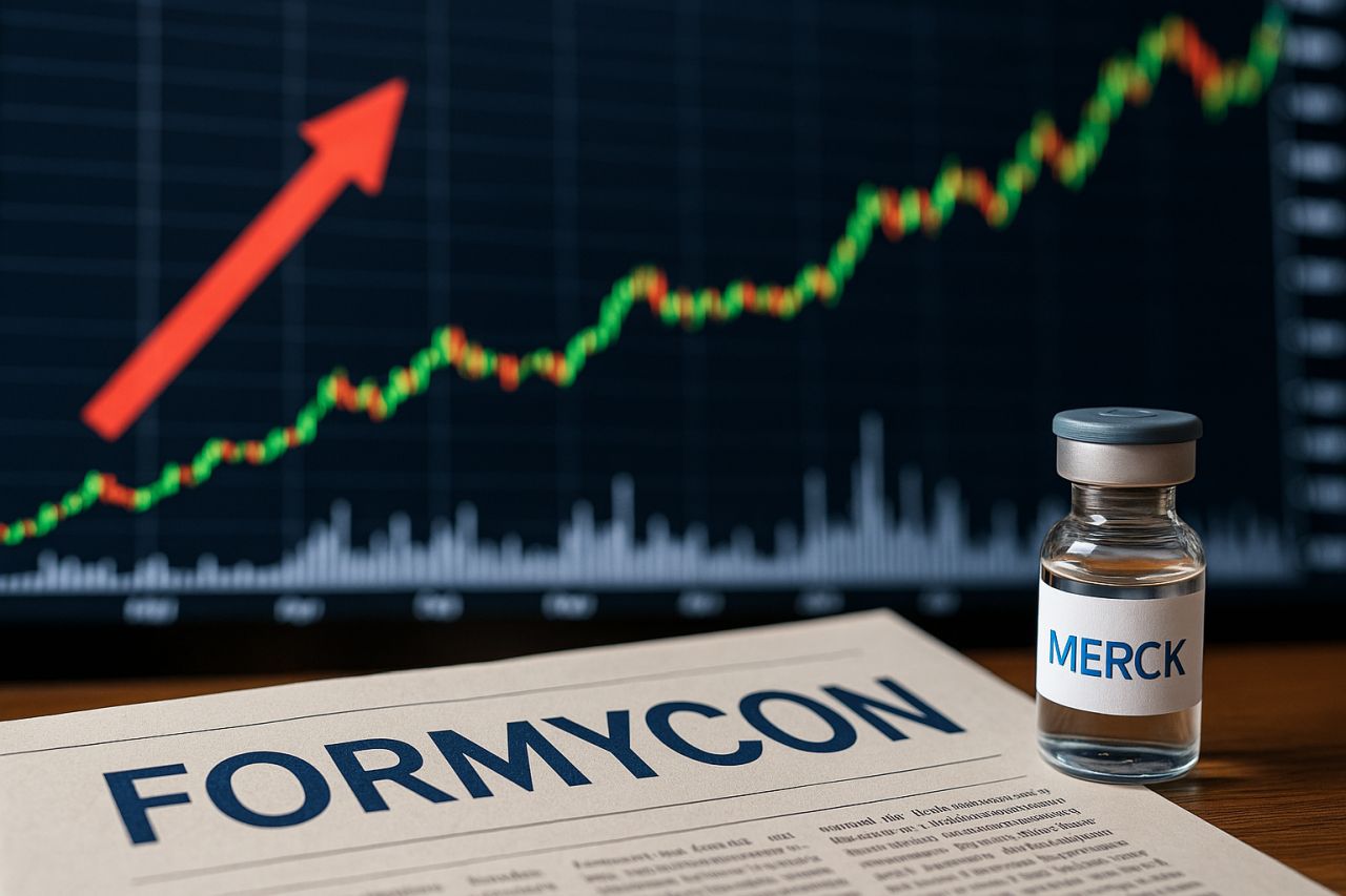 La boccetta di un farmaco e la scritta Formycon su un foglio di giornale. Sullo sfondo dei grafici finanziari