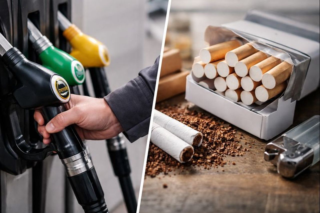 Un'immagine divisa a metà da una linea diagonale. A sinistra una pompa di rifornimento carburante e a destra un pacchetto di sigarette