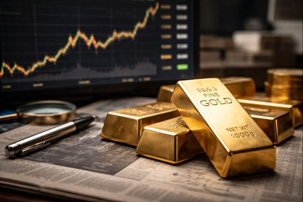 Dei lingotti d'oro e uno schermo con un grafico finanziario