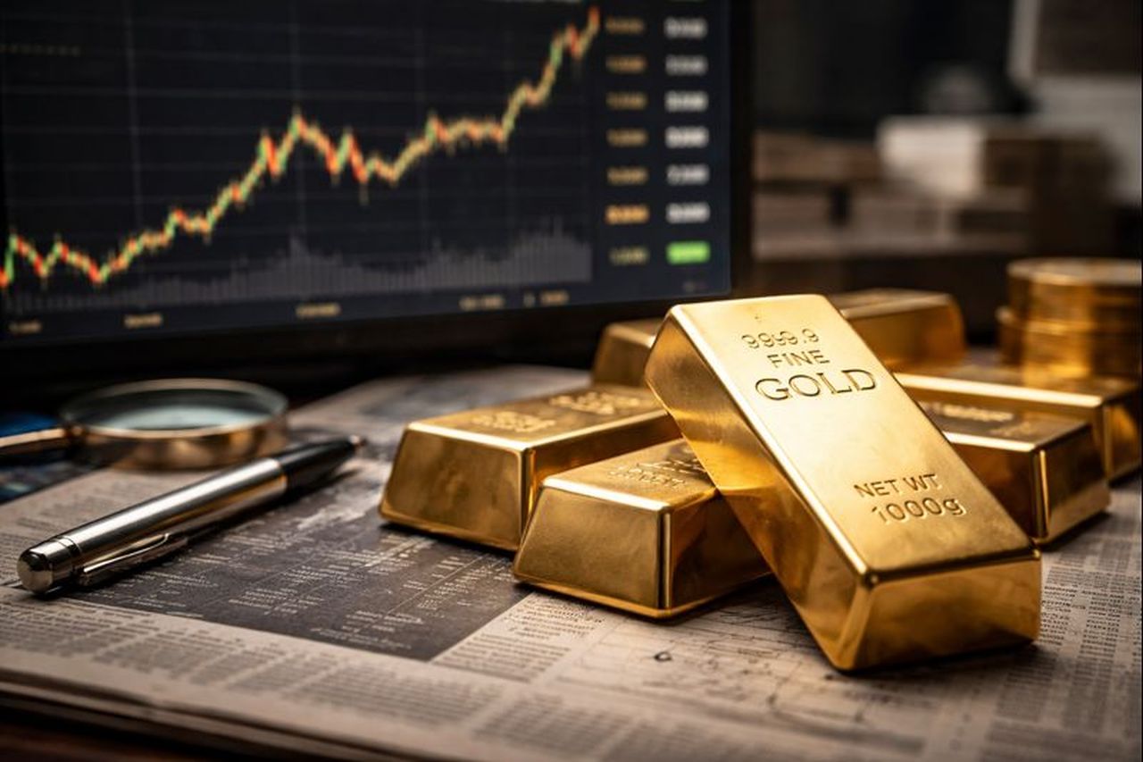 Dei lingotti d'oro e uno schermo con un grafico finanziario