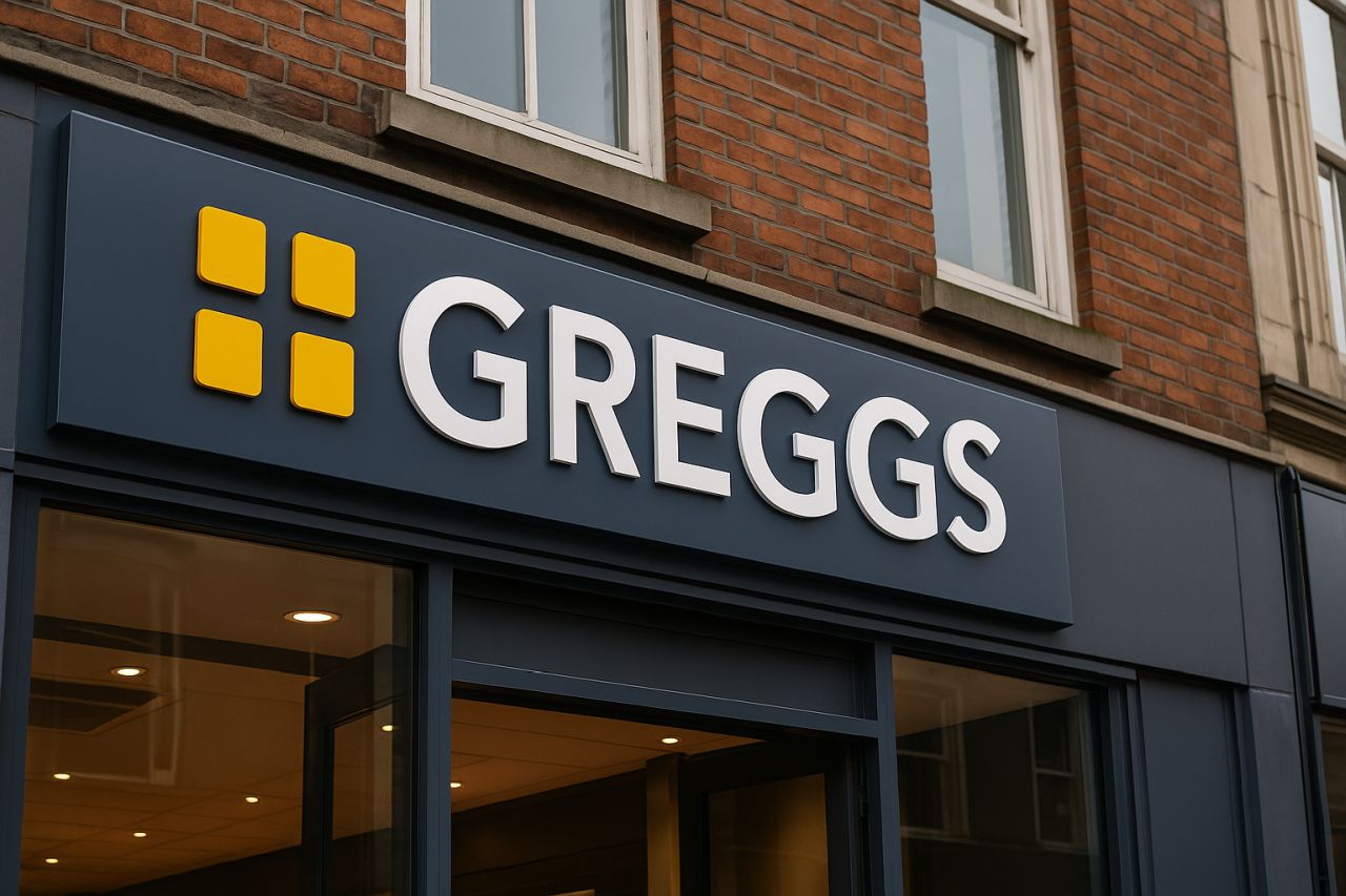 La scritta Greggs con relativo logo sulla parete di un edificio