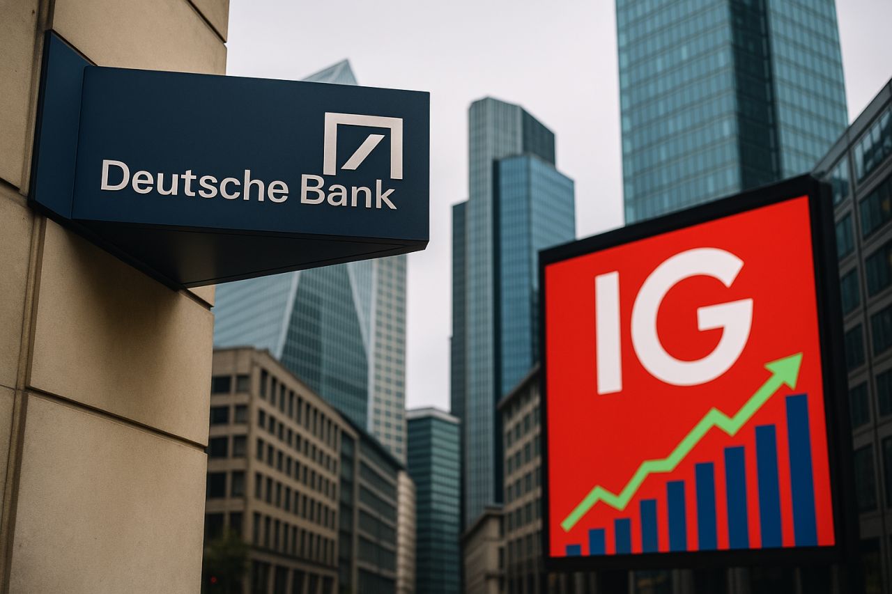 Un totem pubblicitario con la scritta IG e una freccia verso l'alto. Sullo sfondo lo scorcio di una metropoli con un'insegna a bandiera con logo e scritta Deutsche Bank