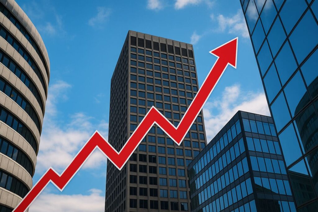 Una freccia rossa in primo piano e dei grattacieli sullo sfondo
