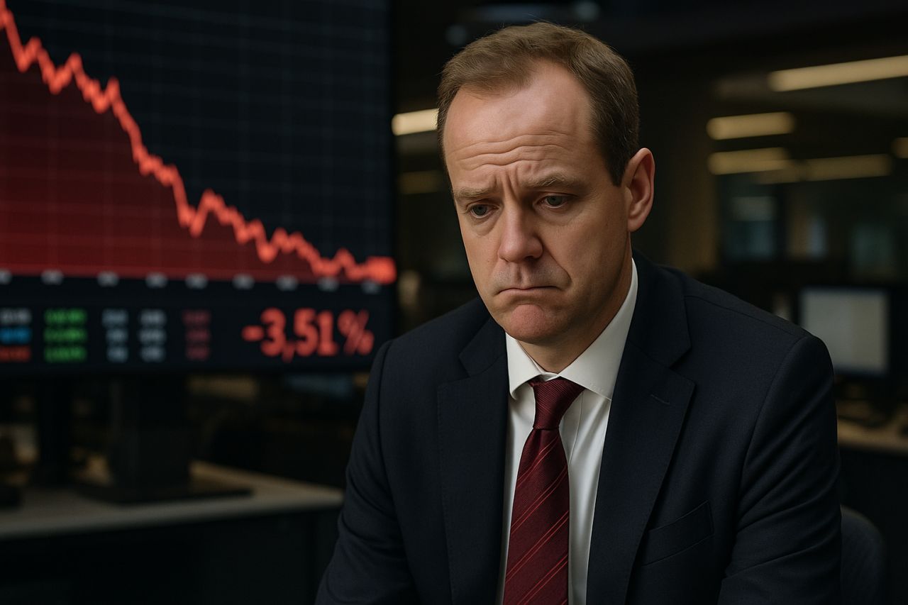 Primo piano di un investitore con dei grafici finanziari alle spalle